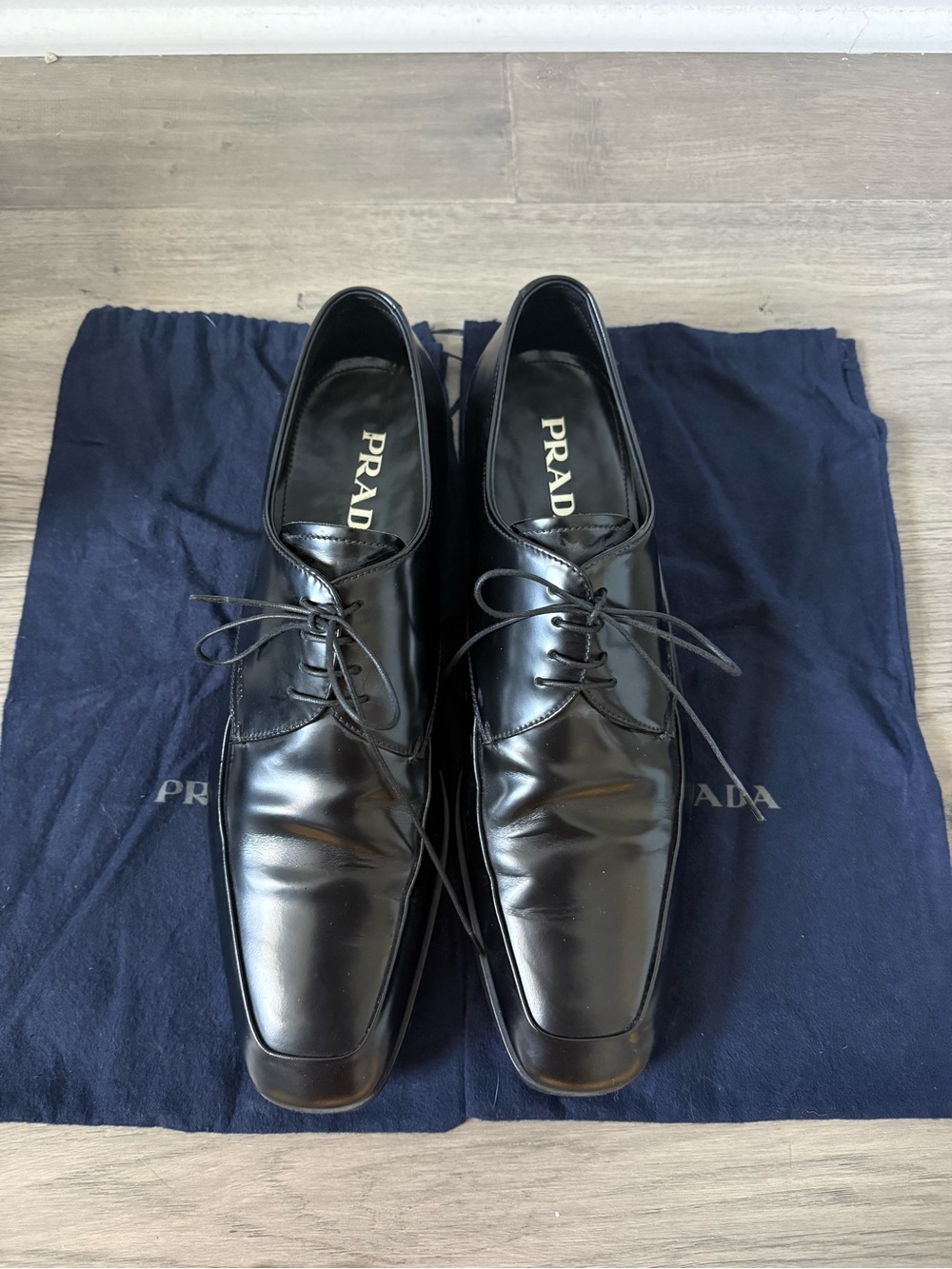 Prada Black Leather Lace-Up Square-Toe Oxfords
